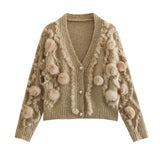 Women Sweater Knit Wear Three-Dimensional Fur Ball Long Sleeve Knitted Cardigan V-neck Sweater Coat