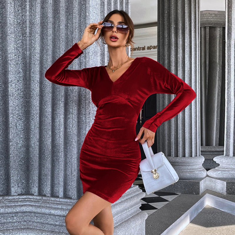 Women Dress Autumn Winter Sexy Backless Hip Skirt Long Sleeve Velvet Dress