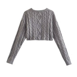 Women Sweater Knitwear Classic Style Short Cable-Knit Sweater round Neck Pullover Long Sleeve Top