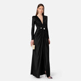 Women Dresses Sexy V-neck Long Sleeve Split Dress