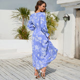 Women Date Dress Autumn and Winter Leisure Floral Print Long Sleeve Lace up Casual Dress Maxi Dress