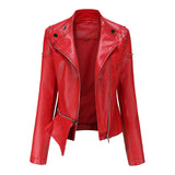 Red Leather Jacket Rivet Leather Clothing with Stand Collar Spring and Autumn Coat Women's Rivet Leather Clothing