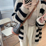 Women Knitted Cardigan Vintage Stripe V-neck Knitted Sweater Cardigan