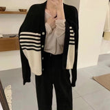 Women Knitwear Autumn and Winter Striped V-neck Sweaters Cardigan