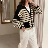 Women Knitwear Autumn and Winter Striped V-neck Pocket Sweater Female Loose Knitted Cardigan