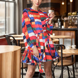 Women Dresses Casual Color Printed round Neck Loose Lantern Sleeve Short Dress (Qymy0409)