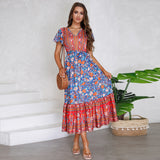 Women Date Dress Summer V-neck Ruffle Vintage Floral Beach Dress
