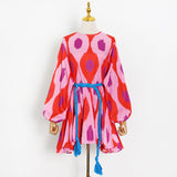 Women Dresses Casual Color Printed round Neck Loose Lantern Sleeve Short Dress (Qymy0409)