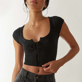 Women T-shirt Summer Square Collar Bare Midriff Slim Fit T-shirt Top