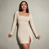 Women Dress Sexy Hip Skirt Knitted Square Collar Long Sleeve Dress