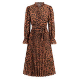 Women Date Dress Leopard Print Stud for Autumn and Winter Stand Collar Long Sleeve Dress Pleated Dress