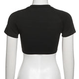 Women T-shirt Summer round Neck Short Sleeves Short Letters Bare Midriff Slim Fit T-shirt