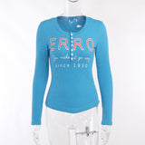 Women Tops Spring Slim-Fitting T-shirt Long Sleeve Leisure Button Top
