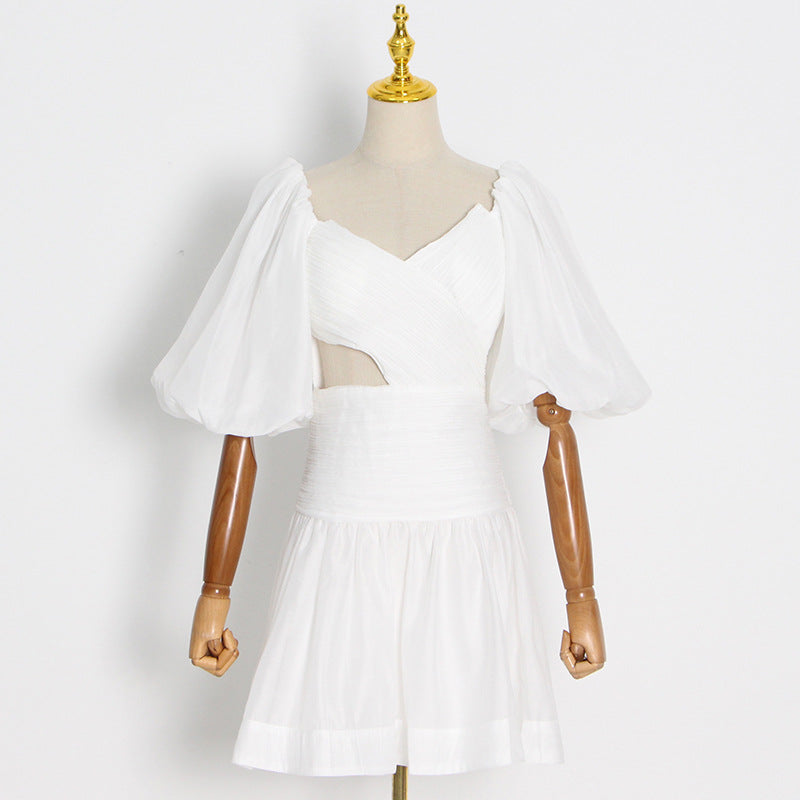 Women Dresses Sexy Puff Sleeve Summer V-neck Dress (Qymy0409)