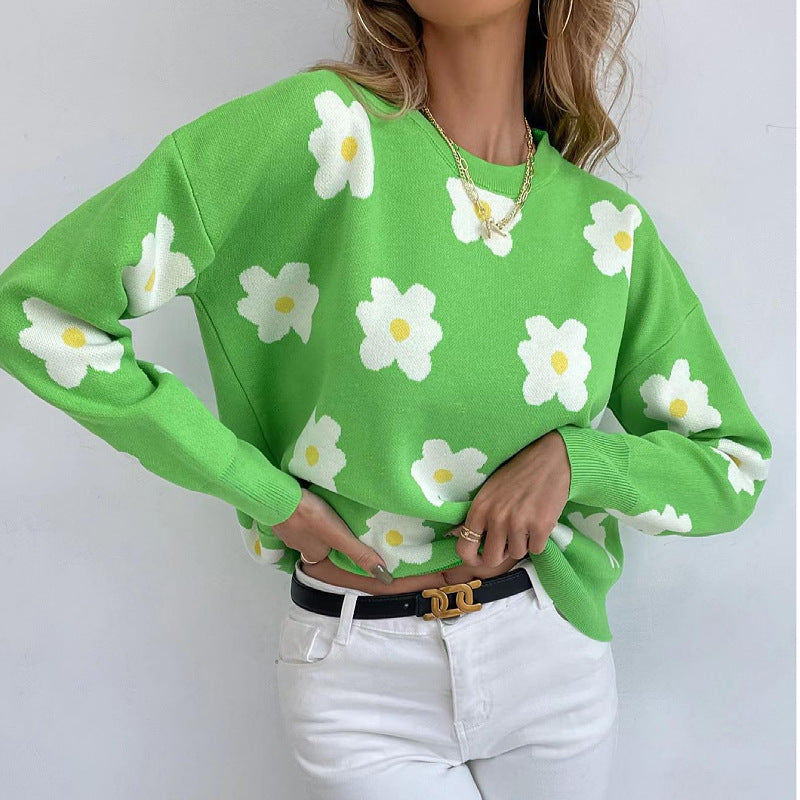 Women Knitted Sweater Leisure Pullover Knitted Sweaters Women's Clothing round Neck Long Sleeve Loose Jacquard Sweater