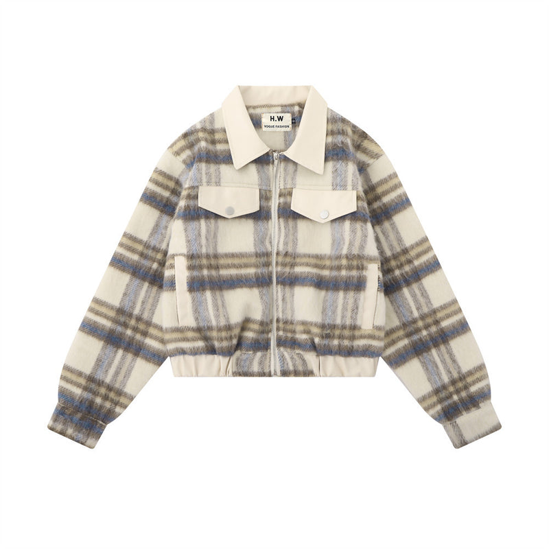 Women Jacket Color Matching Plaid Woolen Short Coat