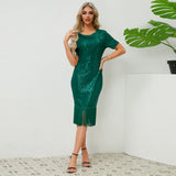 Women Date Dress round Neck Vintage Sequined Tassel Evening Dress