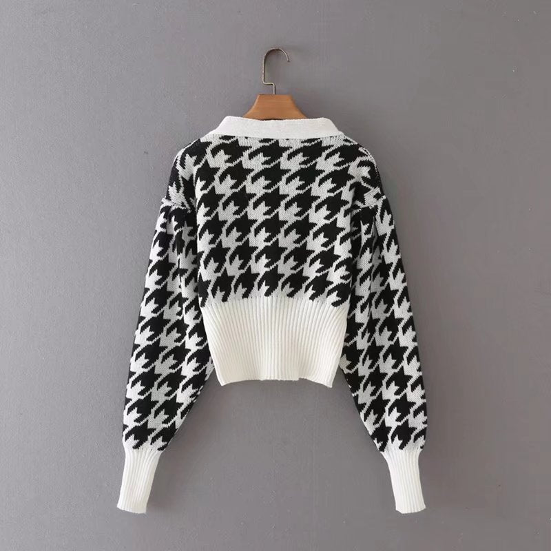 Women Sweater Knitwear Autumn Retro Houndstooth Brocade Sweater Coat V-neck Waist Trimming Short Knitted Cardigan