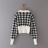 Women Sweater Knitwear Autumn Retro Houndstooth Brocade Sweater Coat V-neck Waist Trimming Short Knitted Cardigan