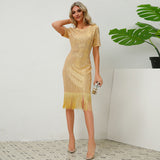 Women Date Dress round Neck Vintage Sequined Tassel Evening Dress