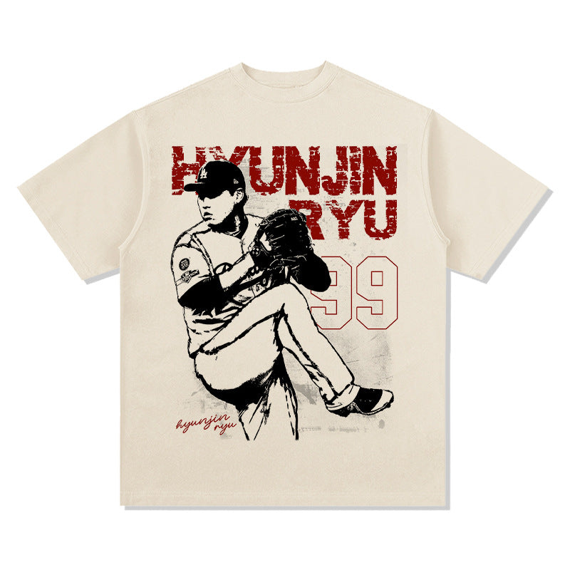 Men Vintage baseball T-Shirt Liu Xianzhen retro hyunjin ryui print short-sleeved crew neck casual T-shirt