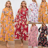 Women Date Dress Autumn Long Sleeve Lace Stand Collar Belt Long Dress