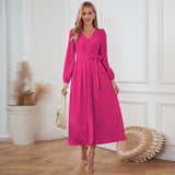 Women Date Dress Single-Breasted Cardigan Skirt V-neck Bubble Long Sleeve Dress
