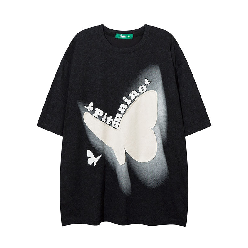 Men T Shirt Butterfly Embroidered Patch Distressed Short Sleeve T-shirt