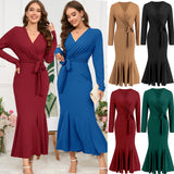 Women Date Dress Knitted Long Sleeve V-neck Lace-up Fishtail Skirt