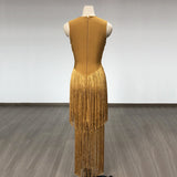 Women Evening Dress Tassel Dress V-neck Prom Evening Gown