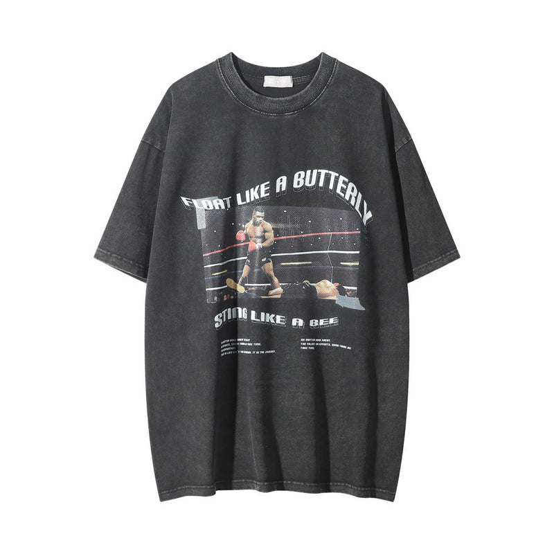Men Vintage T-Shirt Character Printed Short-Sleeved T-shirt Men's Summer Washed and Worn round Neck