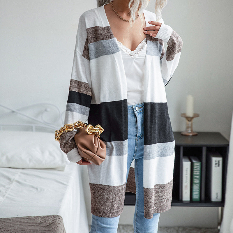 Women Knitted Sweater Thin Long Sleeve Color Matching Women's Sweater Cardigan