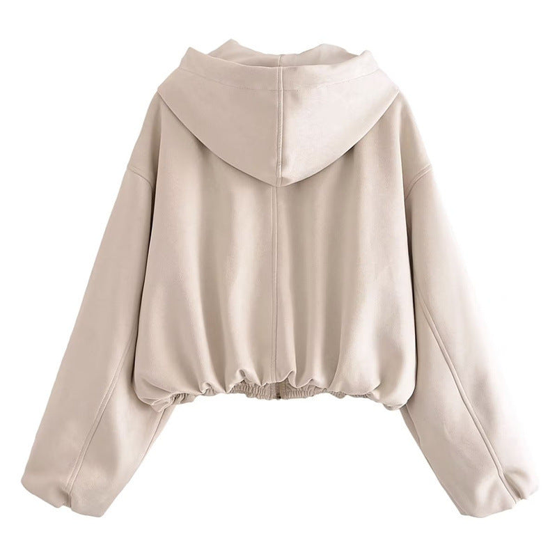 Women Jacket Autumn Loose Suede Hooded Jacket Cardigan Casual Coat