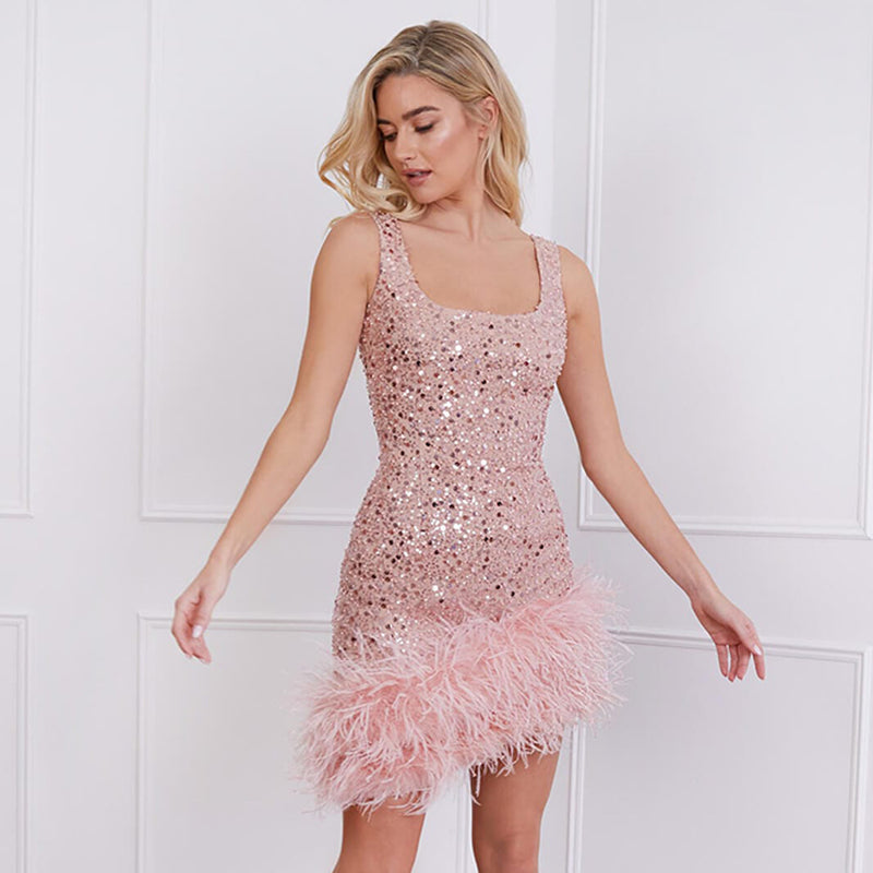 Women Dresses Sequin Sling Dress Sexy Sleeveless Square Collar Hip Skirt (Zns0409)