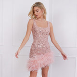 Women Dresses Sequin Sling Dress Sexy Sleeveless Square Collar Hip Skirt (Zns0409)