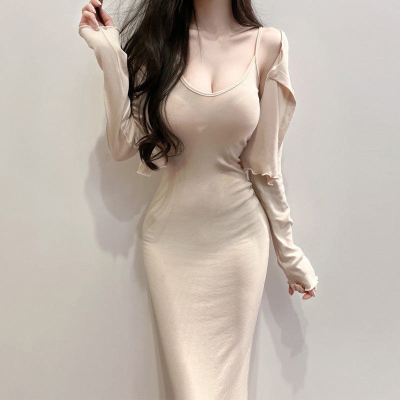 Women Dresses V-neck Strap Long Sleeve Short Outer Coat Suit