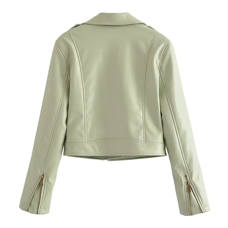 Women Leather Jacket Fall Lapels Long Sleeve Pocket Imitation Leather Jacket Coat