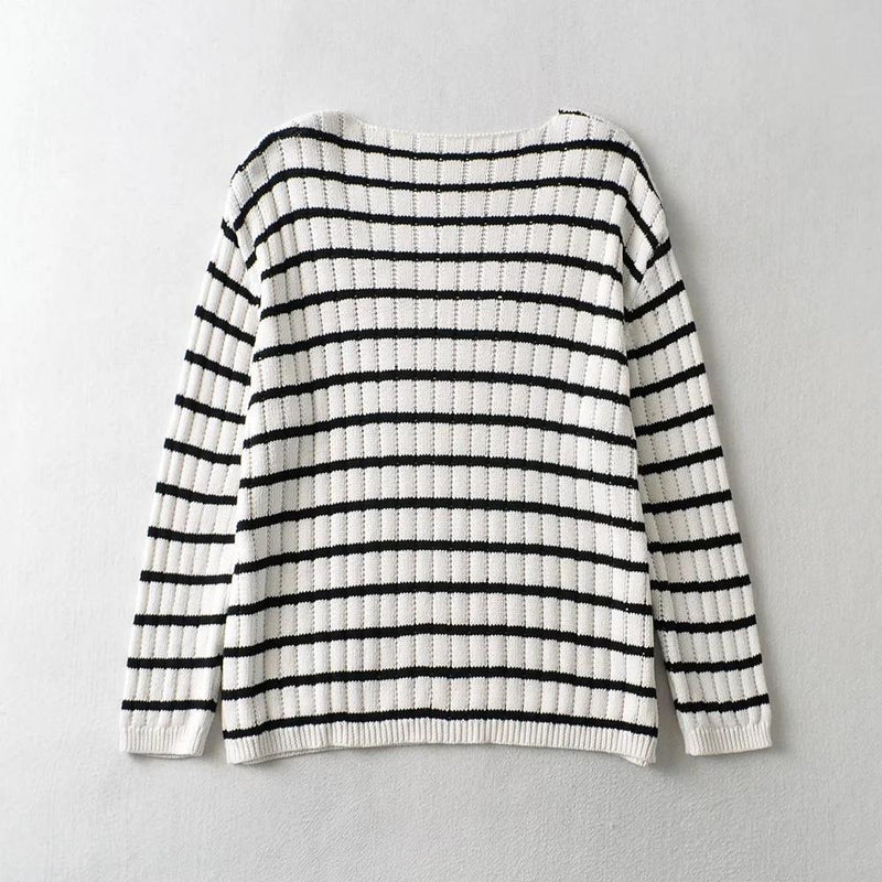 Women Sweater Knitwear Autumn and Winter Striped Sweater Pullover plus Size Loose round Neck Sweater