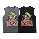 Men Vest Angel Print Distressed Vintage Retro Sleeveless T-shirt