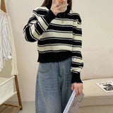 Women Knitwear Autumn Winter Retro Striped round Neck Sweater Loose Sweater