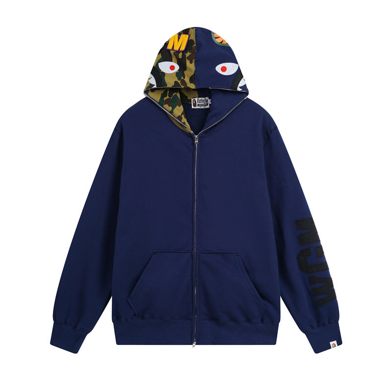 Bathing Ape Hoodie Autumn and Winter Shark Head Color Matching Cardigan Loose Sweater Jacket
