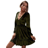 Women Dress Green Deep V-neck Puff Sleeve Velvet Dress