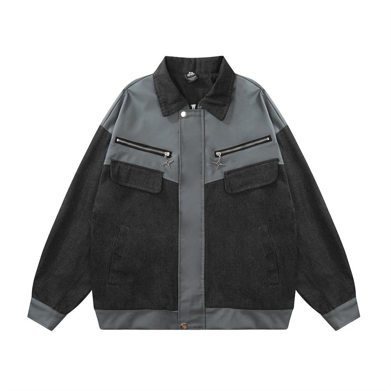 Men Jacket Coat Color Contrast Patchwork Jacket Men's Ins Autumn and Winter Loose Motorcycle Clothing Jacket Baseball Uniform