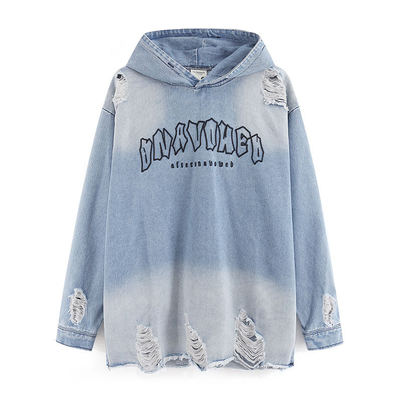 Men Hoodie Retro Distressed Heavy Industry Water Washed Hole Hooded Sweater Denim Hoodie