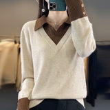Women Knitted Pullover Sweater Women's Long Sleeve Polo Collar Sweater