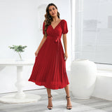 Women Date Dress Summer V-neck Puff Sleeve Lace-up Pleated Dress