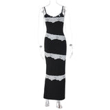 Women Dresse Sexy V-neck Stitching Lace Trim Suspender Skirt Sleeveless Backless Long Dress