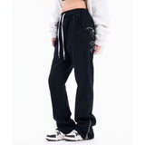 Men Sweatpants Pocket Wings Embroidered Straight Zipper Slit Jeans