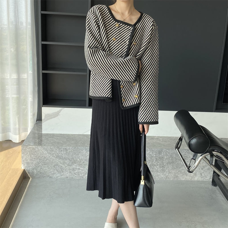Women Cardigan Sweater Zebra Striped Coat Autumn Square Collar Top 2t375