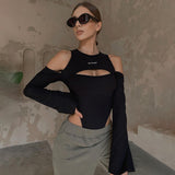 Women Jumpsuit Sexy Casual Top Long Sleeve off-the-Shoulder Printed Hollow-out Jumpsuit